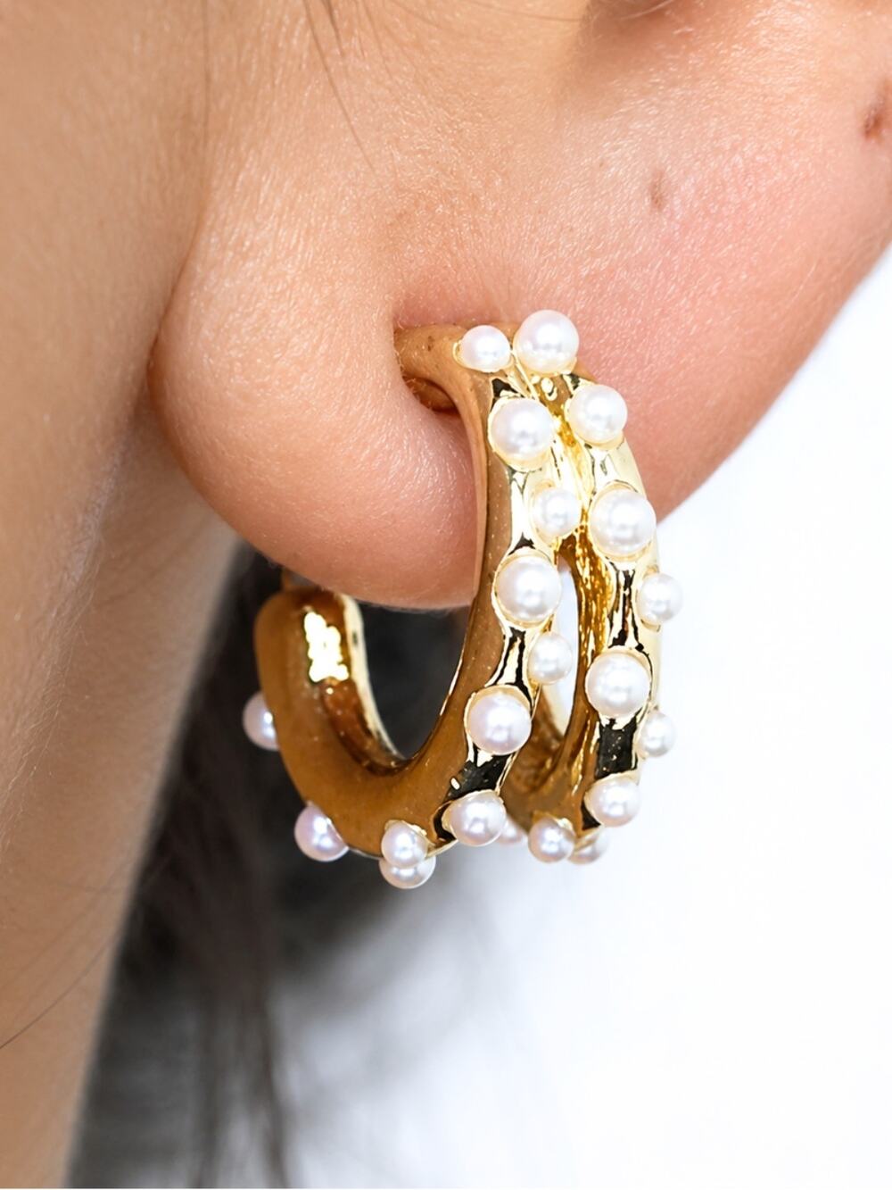 BaubleBar Gold Faux Pearl Beaded Hoop Earrings Nickel Free Statement Jewelry